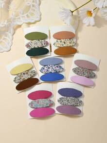 3pcs/Set Girls Fabric Solid Color Ditsy Floral Hair Clips, Sweet Cute Oval Hair Accessories, Simple Versatile Hair Clips - Multicolor - View 1