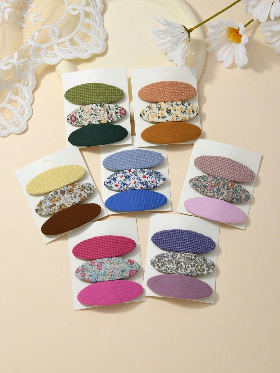 3pcs/Set Girls Fabric Solid Color Ditsy Floral Hair Clips, Sweet Cute Oval Hair Accessories, Simple Versatile Hair Clips - Multicolor - View 1