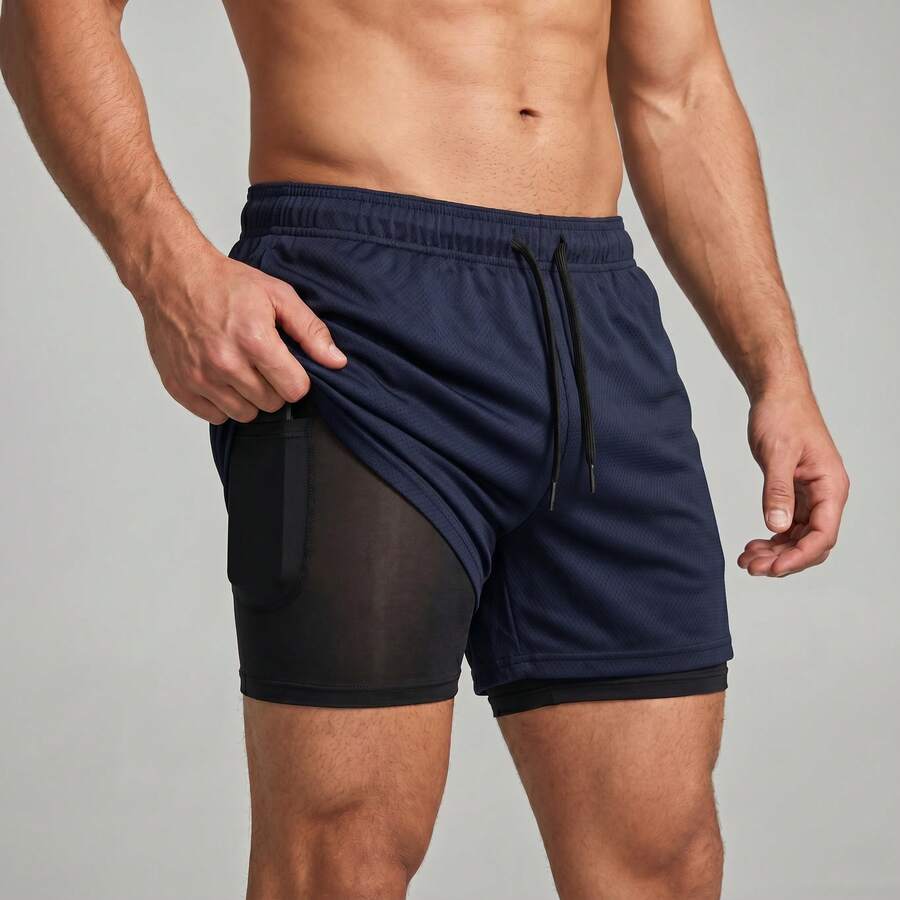 2-In-1 Double Sports Dry Fit Shorts With Pocket Gym Shorts Sports Shorts - Azul Marino - Ver 1
