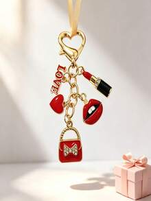 1pc Fashionable Red Keychain, Rhinestone-Encrusted Rhinoceros Pattern - Alloy Material, Paired With Letter Pendant And Heart Pendant, Perfect Back-To-School Gift For Her - Multicolor - View 3