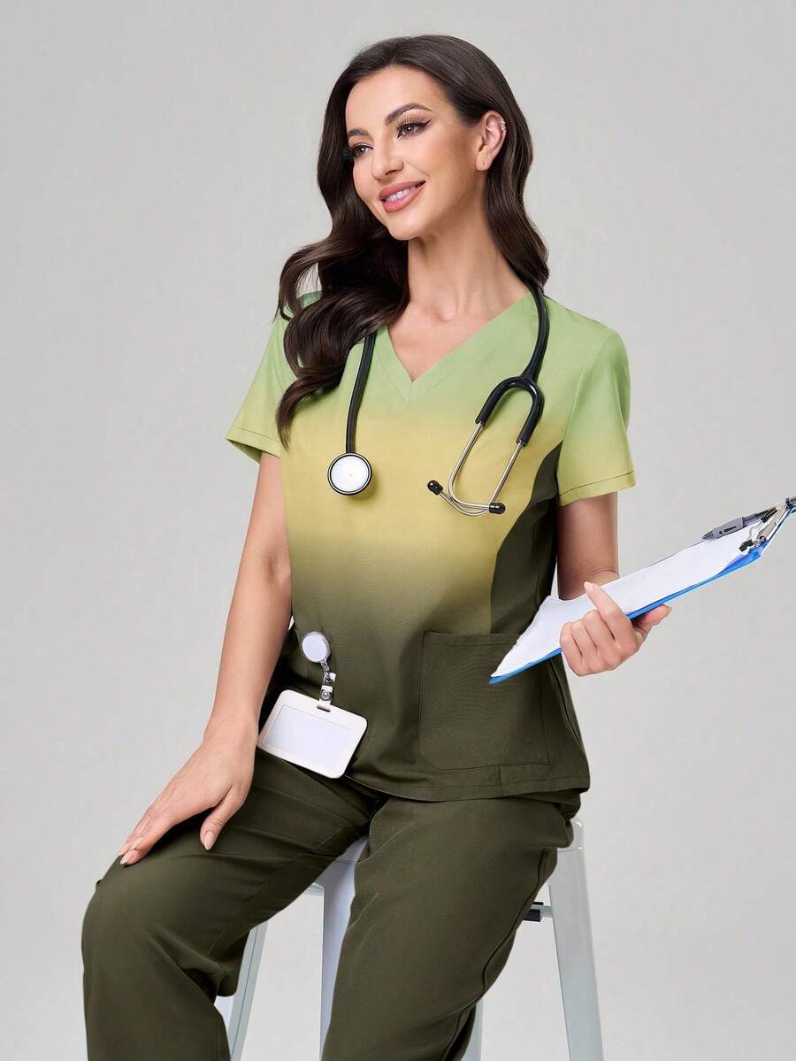 TaskEZ Conjunto de uniforme de scrubs con top de manga corta en degradado y pantalones de unicolor - Verde militar - Ver 1