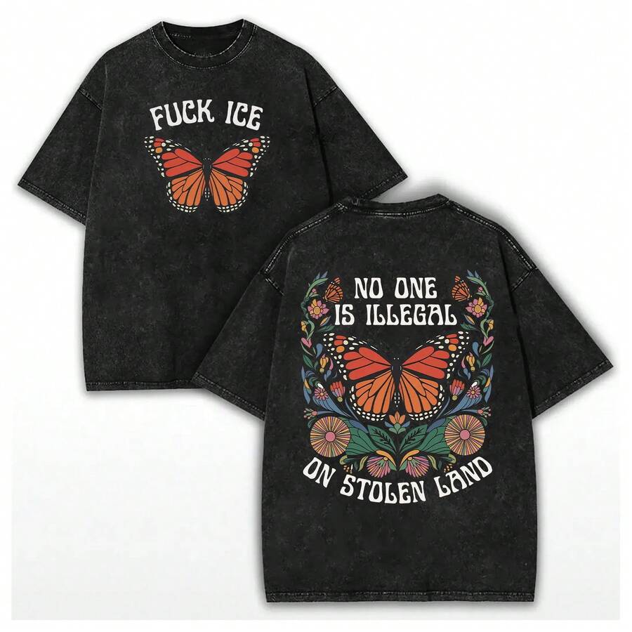 Camiseta de Hombre 100% Algodón Lavado, Cuello Redondo, Estampada, Talla Grande - Fck ICE, Nadie Es Ilegal en Tierra Robada, Retro Anti-Maga Pro-Immigración, Camiseta Vintage Casual para Act - Negro - Ver 1