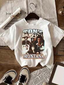 Playera Holgada Estampado Collage Cine Retro Cuello Redondo Básica Moda Juvenil Estilo Vintage Rock Urbano Uso Diario Top Chica Alternativo - Blanco - Ver 1