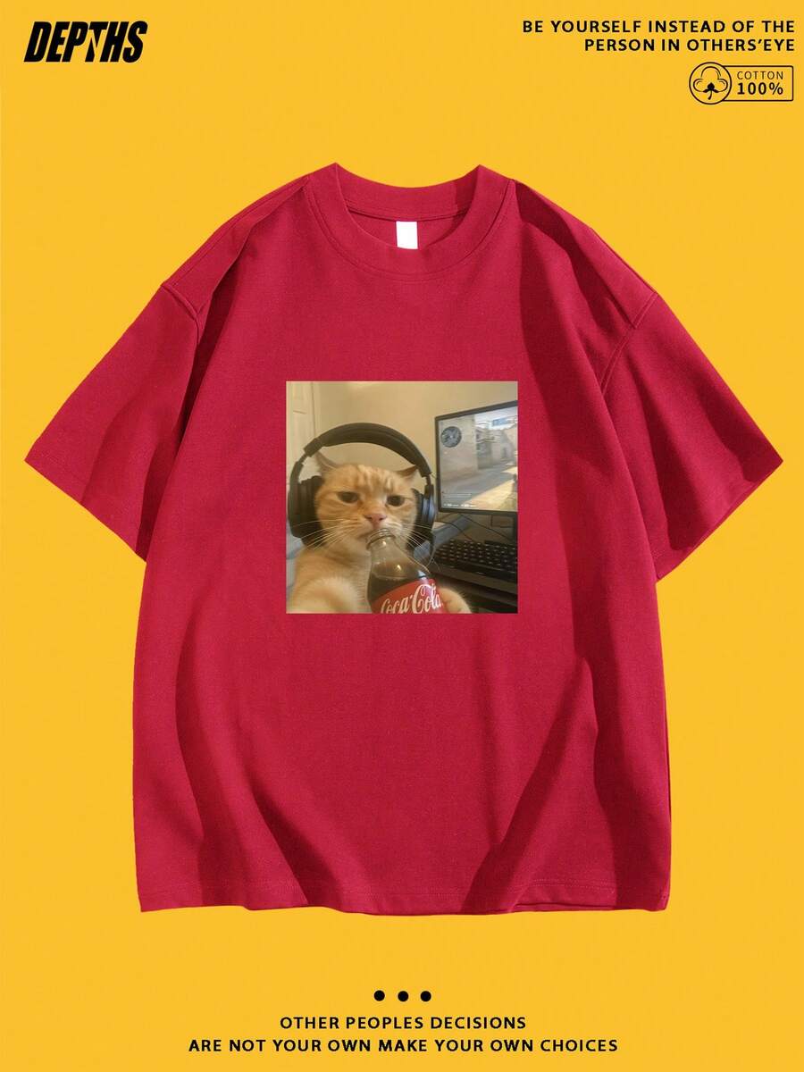 Round Neck T-Shirt With Creative And Fun Cartoon Design, Summer Fashion, Short Sleeve, Casual Style For Daily Outings - 紅色 - 查看 1