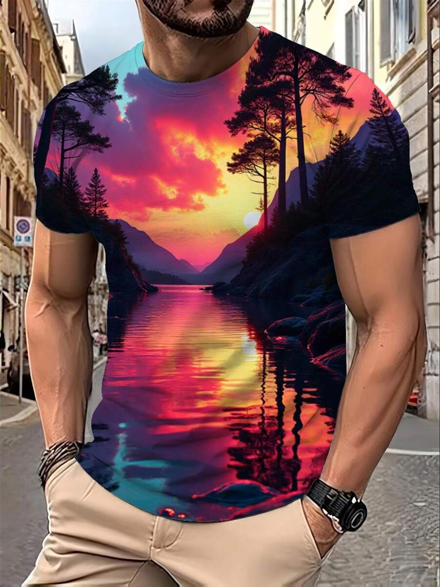 Camiseta Gráfica de Corte Holgado para Hombre con Diseño de Paisaje de Atardecer en un Río de Ensueño Simétrico - Impresión en Degradado Magenta-Cian-Naranja-Púrpura, Estilo de Arte Digital - Negro - Ver 1
