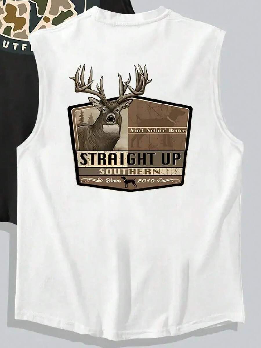 Camiseta sin mangas para hombre con estampado de letras y camuflaje, corte regular, informal, con diseño gráfico, para verano, top para uso diario, ropa masculina. - Blanco - Ver 1