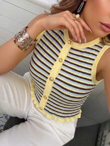 Women's Spring/Summer New Patchwork Ruffled Trim Metal Button Short Knit Vest, Striped Front Button Ribbed Embroidery Casual Beach Holiday Vest, Multi-Color Ruffled Trim Knit Vest, Summer Vest, Women's Knit Vest - Multicolor - View 5