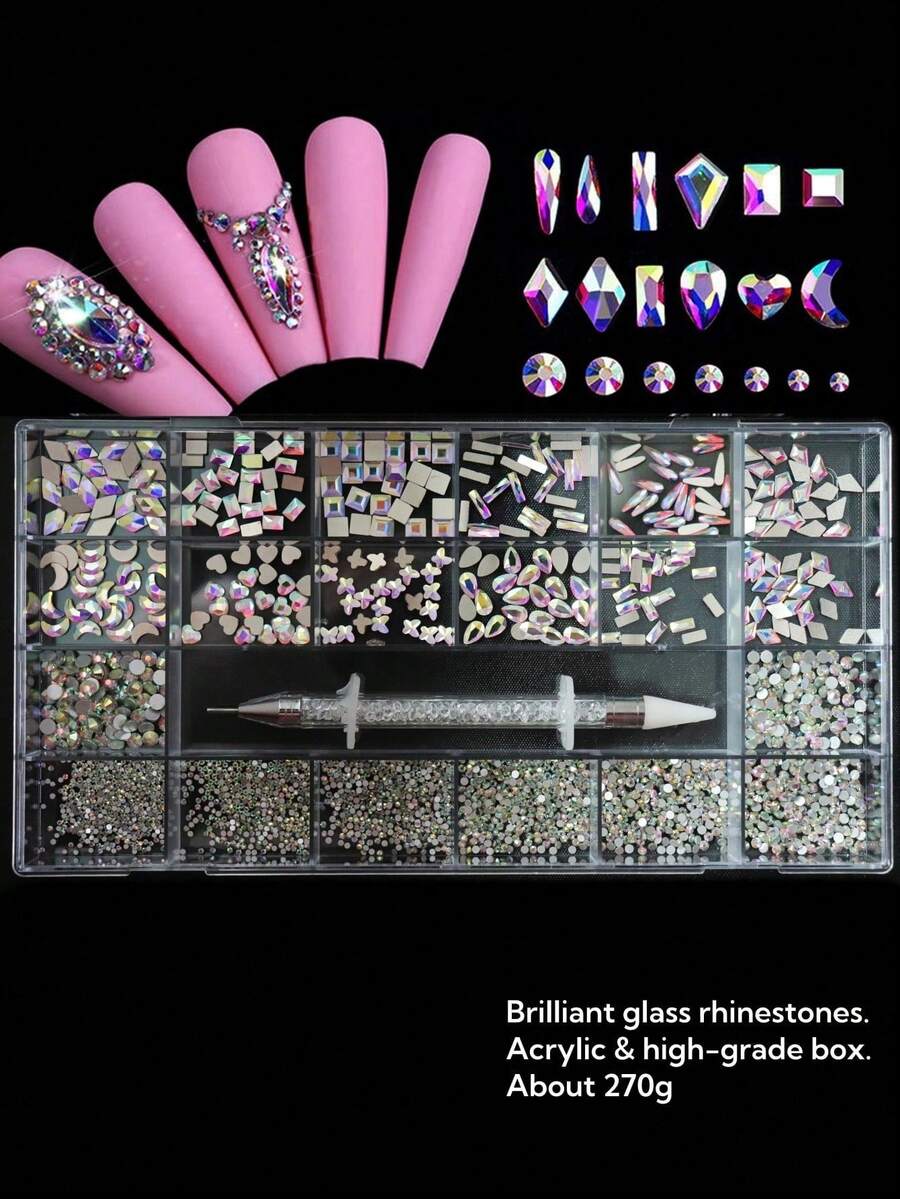 Set de 21 piezas de decoración de arte de uñas con diamantes, encantos de uñas DIY con cristales asimétricos - Multicolor - Ver 1