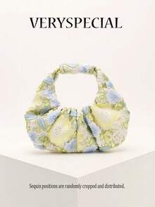 Bolso de mano para mujer, novedad de primavera 2024, de una sola pieza, de color sólido, con perlas sintéticas brillantes, diseño de nube en PU, moderno y con costuras concisas. - Verde 3 - Ver 2