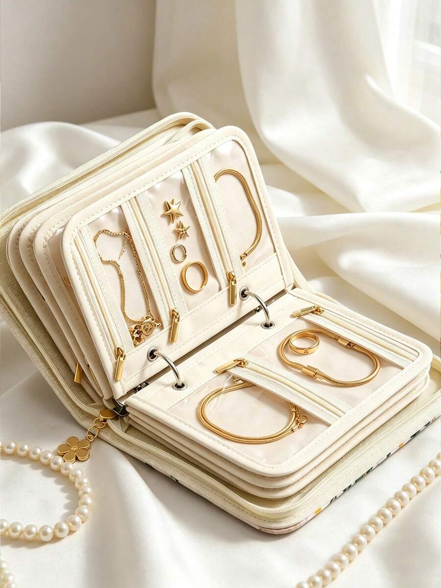 Floral Print Jewelry Storage Book 5 Pages, With Zipper, Portable Anti-Tangle, Suitable For Necklaces, Earrings, Rings, Travel And Home Use