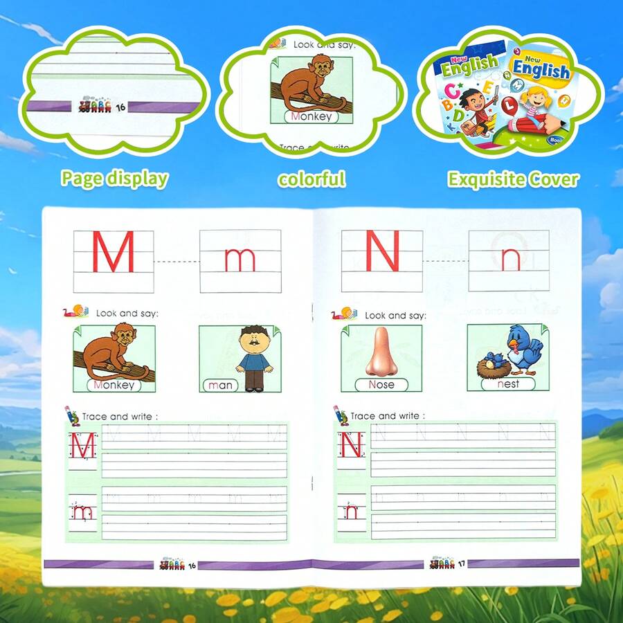 1 Cuaderno de práctica de escritura a mano en inglés con líneas guiadas y pistas visuales para ayudar a escribir letras y palabras, herramienta de escritura esencial para preescolares, regalo ideal para las vacaciones - B - Ver 1