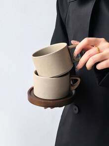 1組極簡陶瓷咖啡杯與杯碟，復古美式風格迷人下午茶拿鐵咖啡杯，搭配6英吋溝紋竹製杯墊，簡約優雅，適用於咖啡、茶、休閒飲用 - 彩色 - 查看 5