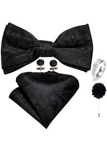 5Pcs Black Paisley Jacquard Men Accessory Set, Bow Tie Pocket Square Cufflinks Ring Boutonniere, Random Cufflink Patterns,Decor For Groom Wedding - Black - View 1