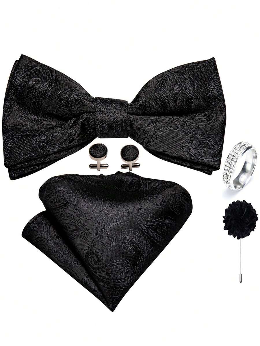 5Pcs Black Paisley Jacquard Men Accessory Set, Bow Tie Pocket Square Cufflinks Ring Boutonniere, Random Cufflink Patterns,Decor For Groom Wedding - Black - View 1