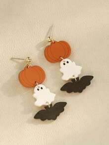 1 Pair Halloween Acrylic Engraved Pumpkin Earrings With Soft Clay-Like Texture Ghost & Bat Dangle Earrings For Kids - Multicolor - View 1