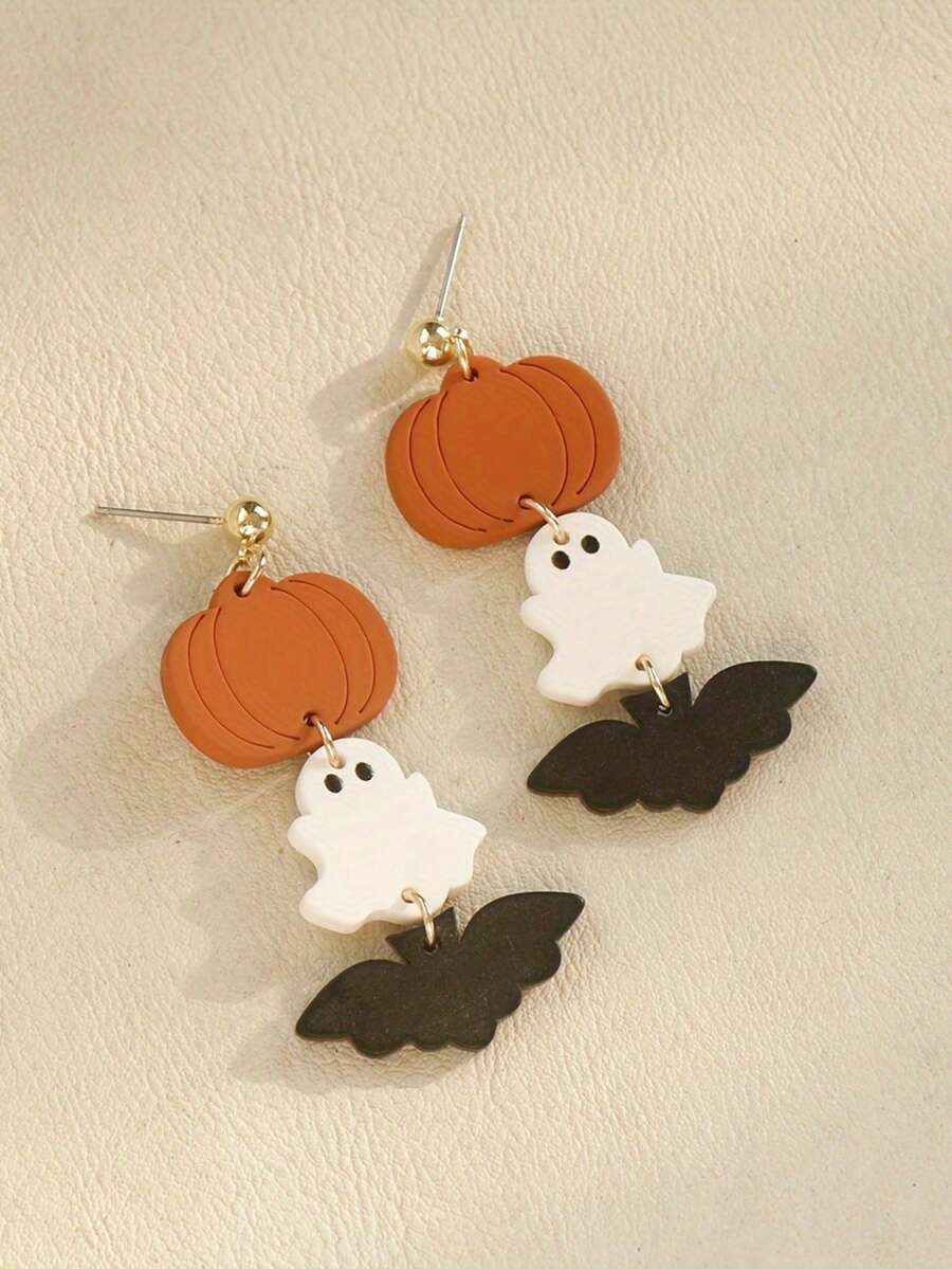 1 Pair Halloween Acrylic Engraved Pumpkin Earrings With Soft Clay-Like Texture Ghost & Bat Dangle Earrings For Kids - Multicolor - View 1