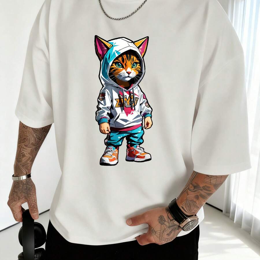 Ropa de calle Gato con sudadera de diseño colorido y elementos de estilo urbano, incluyendo una gráfica de un gato en una sudadera con capucha con las letras MVP en el frente. El gato está - Blanco - Ver 1