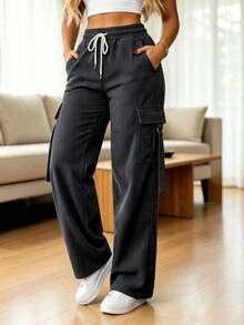 Women's New Solid Color Woven Fabric Drawstring Long Pants, Suitable For Daily, Home, Office, Spring, Summer, Autumn Wear - Dark Grey - View 4
