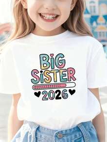 Camiseta juvenil ?Hermana Mayor 2026?, 100% algodón, cuello redondo, corte holgado, transpirable, estilo moderno y adorable. - Blanco - Ver 2