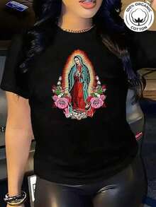 SummerBlusas de una pieza extra grandes para mujer, hermosas blusas para mujer, conjuntos de ropa para mujer, tienda local, y camiseta blanca de la Virgen de Guadalupe, estampado religioso, - Negro - Ver 1