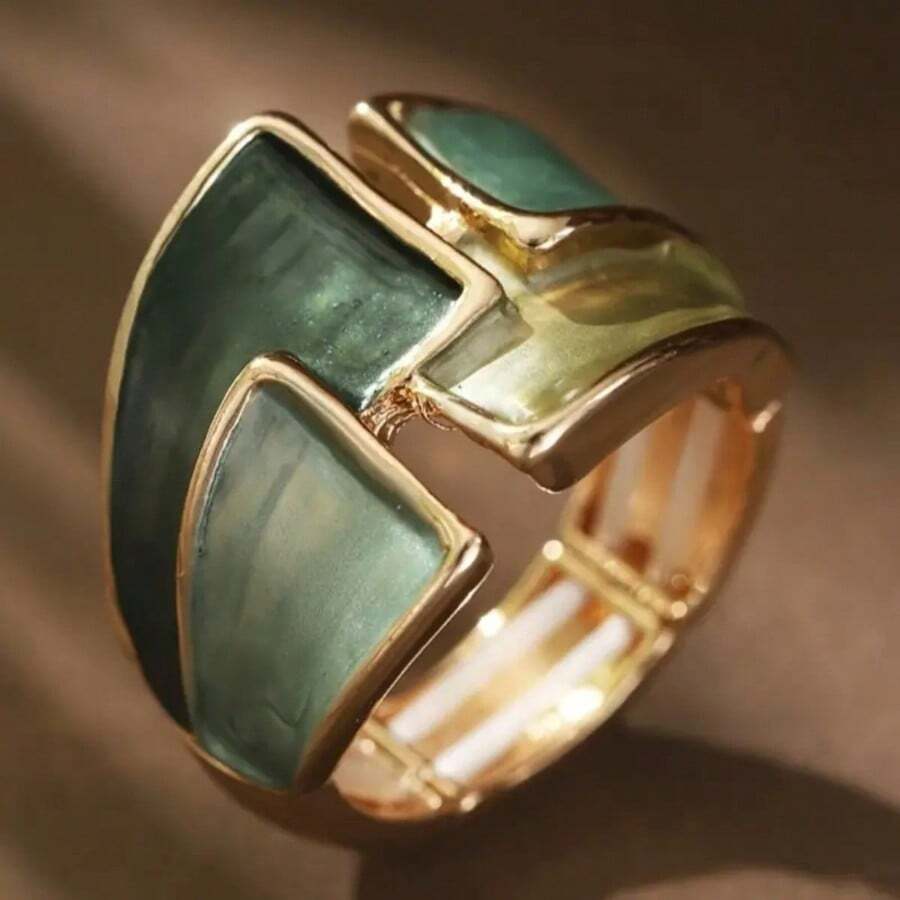 客製化手工琺瑯戒指 優雅白色花朵仿瓷戒指 婚禮派對飾品 - 綠色 - 查看 1