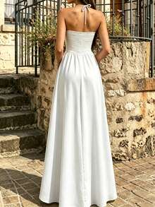 Elegantes blaues und weißes gestreiftes ärmelloses Neckholder-Rückenfreies Kleid für Damen, gerafftes Taillendesign, Boho-Stil Casual Urlaubskleid, geeignet für Sommerdates und den täglichen Gebrauch - Weiss - Übersicht 6