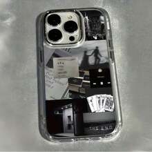 1pc Metal Transparent Personalized Black & White Emotional Fragment Collage Pattern Phone Case Compatible With IPhone 16 Pro Max/17/16/15/14 Plus/13/12/11/Air Protective Cover - Multicolor - View 1