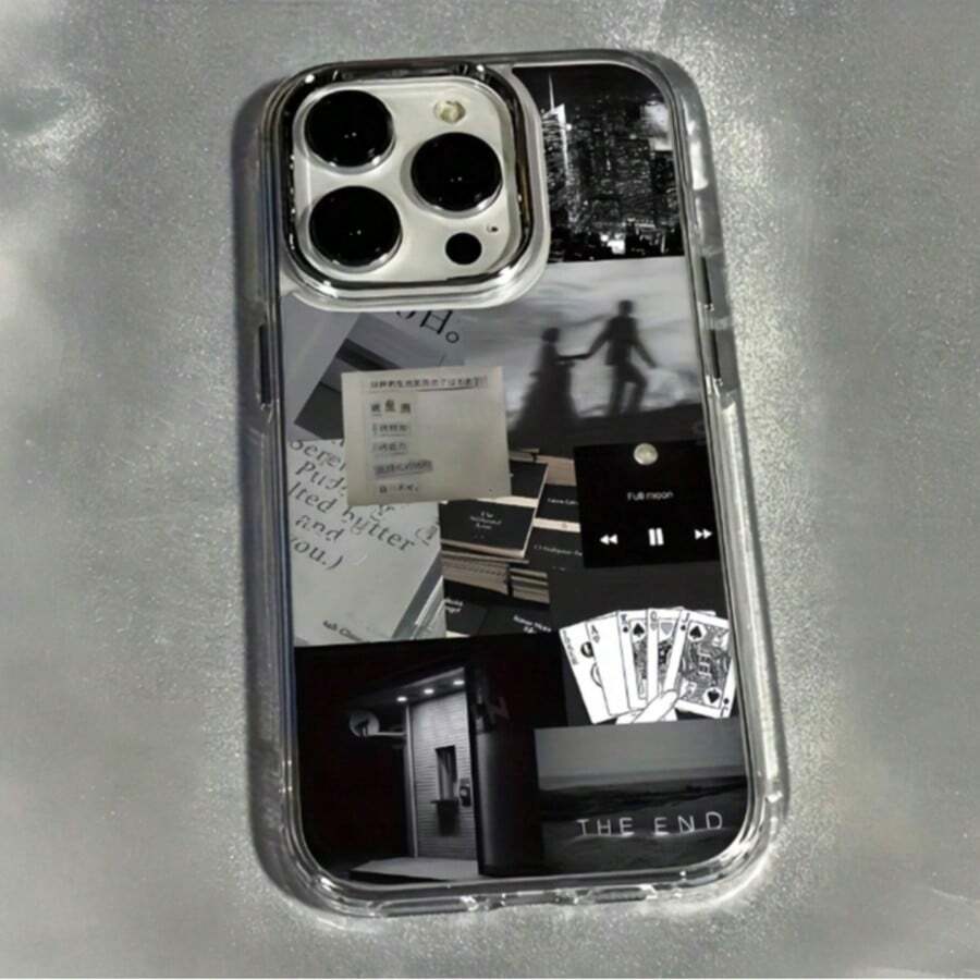 1pc Metal Transparent Personalized Black & White Emotional Fragment Collage Pattern Phone Case Compatible With IPhone 16 Pro Max/17/16/15/14 Plus/13/12/11/Air Protective Cover - Multicolor - View 1