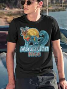 [Gráfico de onda de atardecer de ciervo para camiseta de hombre] - Negro - Ver 2