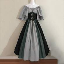 Vestido ajustado de estilo retro medieval con bloques de color, mangas con volantes y un dobladillo amplio, ideal para cosplay y actuaciones escénicas. - Caqui - Ver 10