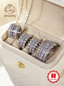 4pcs Luxurious Cubic Zirconia Ring, Necklace, Earrings Jewelry Set With Gift Box, Designed For Women, Suitable For Wedding, Engagement, Anniversary, Party, Jewelry, Valentine's Day Gift And Other Occasions - 1# - View 3