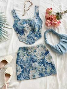 Conjunto de 2 piezas de estilo vintage azul palacio con estampado floral jacquard para mujer: top corto con cuello halter abotonado y minifald - Rojo - Ver 4