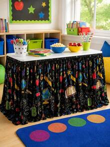 1pc Black School Supplies Print Table Skirt, Colorful Classroom Style Polyester Rectangular Pleated Tablecloth, Back To School Decoration, Teacher Desk Display, Kindergarten Classroom Party, Library Reading Corner - Multicolor - View 7