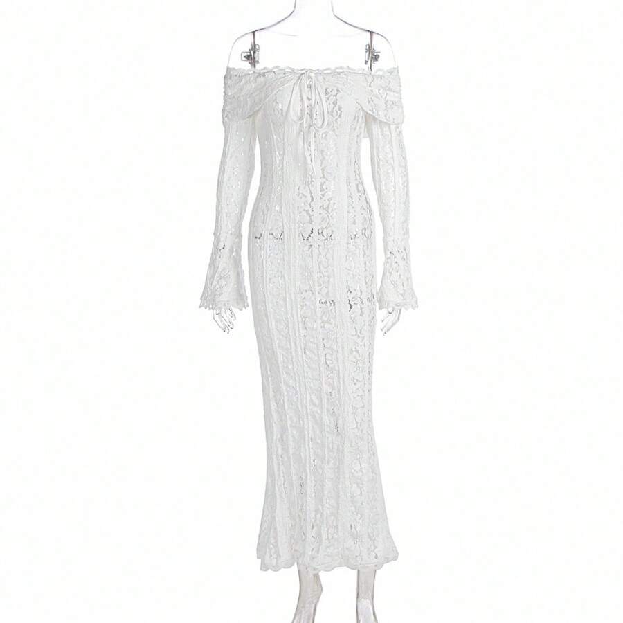 Long French Lace Dress In European And American Style With Bell Sleeves And Strapless Design. - White - View 1