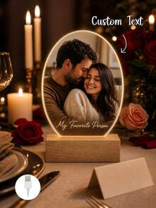 1 Acrylic Night Light For Couples, Customizable With Text, Warm LED Edge Lighting On A Wooden Base, Oval Romantic Bedside Or Desktop Decor, Suitable For Anniversary, Valentine's Day, Birthday, Wedding Anniversary Gifts - Multicolor (Style 2) - View 4
