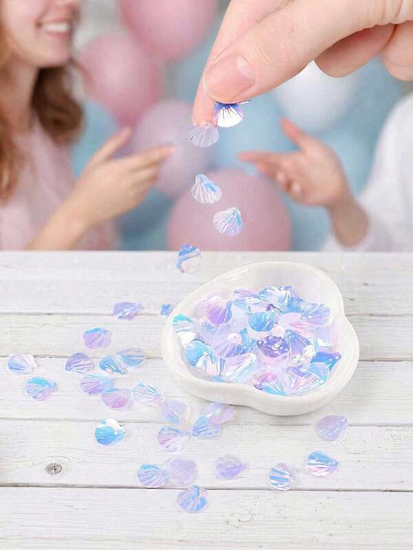 540pcs/3 Packs Transparent Iridescent Shell Confetti Sequins, Holographic Table Scatters Sequins, Mermaid Themed Birthday Party Decoration, BabyShower, Wedding, Desktop Decoration, Sewing For Clothing, Shoes, And Bag Embellishments, DIY Jewelry Making