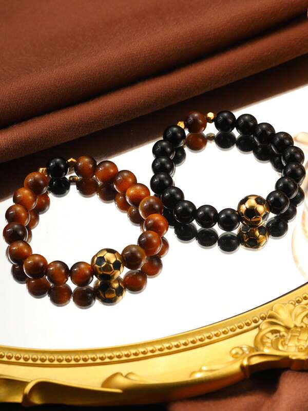 1pc Sports Style Tiger Eye Stone Stainless Steel Football Beaded Bracelet, Men's Football Bracelet, Perfect Birthday And Holiday Gift For Football Fans, Boyfriend, Father, Suitable For Daily Wear And Various Activities