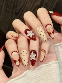 10PCS Almond Handmade Press On Nails For Party And Daily Wear, Red Nails,Wine Red Handmade Press On Nails With White Floral & Polka Dot, Gentle Retro Style.Easy To Wear ,Suitable For Girls And Women Festivals Parties And Daily Wear - Redwood - View 3