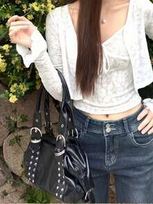 Korean Niche Design Ins Style Fashion Minimalist Rivet Handbag Shoulder Bag Underarm Bag For Women, Textured Large Capacity Commuter Daily Shopping Versatile Hot Girl Motorcycle Underarm Shoulder Bag - Black - View 3