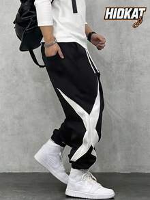 Men's Color Block Drawstring Waist Ankle Cuffed Casual Sweatpants, Spring Autumn Sporty Gym Boyfriend Style - Black - View 3