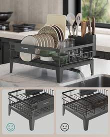 SONGMICS Escurreplatos, Escurridor para Encimera de Cocina, Giratorio 360° y Extensible, con Soporte para Cubiertos, 31 x 42 x 18,5 cm, Gris - Gris - Ver 3
