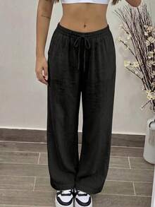 Vaiaye Women's Summer White Casual Linen Wide Leg Pants, Drawstring Elegant Trousers Suitable For Street Daily Wear And Beach Vacation Black - Black - View 4