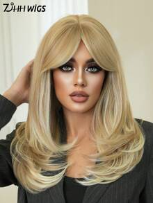 7JHH WIGS 中長款香檳金分層假髮，附簾幕瀏海，18英吋蓬鬆耐熱合成纖維全機製假髮，適合女性派對穿著、萬聖節與節慶 Cosplay 及日常使用 - 香檳色 - 查看 1