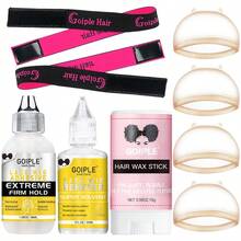 Goiple 9PCS Extra Hold Wig Installation Kit For Lace Front Wigs, Waterproof Hair Adhesive Glue For Frontals & Toupees,Remover,Tames Flyaways Hair Wax Stick,Travel Size Wig Styling Set With Elastic Band & HD Cap,Beginner-Friendly For Daily Wig Care & Styling - 38ML - 查看 12