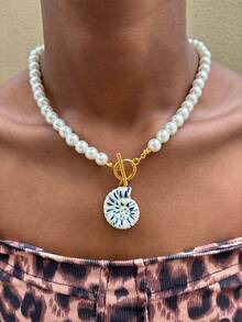 Blue And White Porcelain Starfish Shell Conch Necklace, Summer Vacation Style Handmade Beaded Stainless Steel Pendant Beach Accessory - Beaded Necklace - View 5