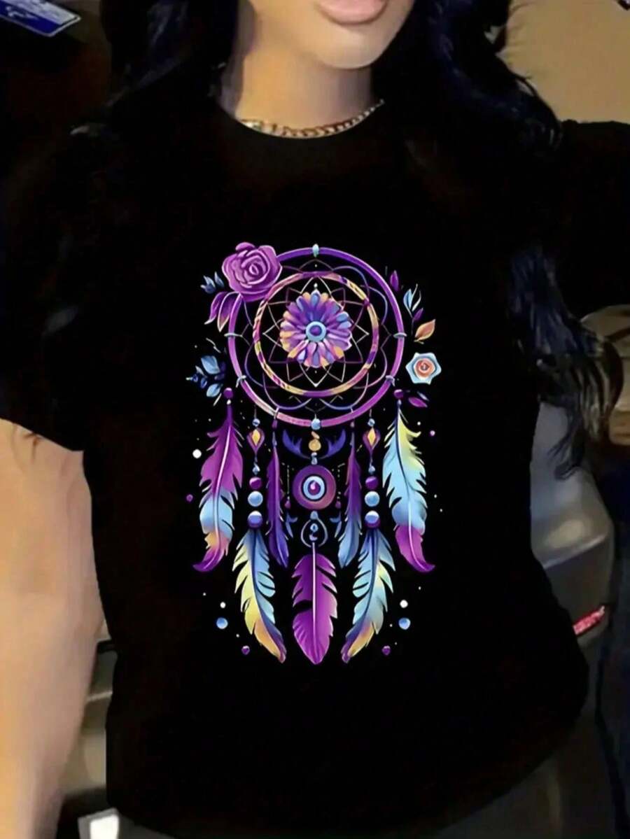 Short-Sleeved T-Shirt With Colorful Print, Casual Round-Neck Blouse, Women's Clothing For Spring And Summer 1 Sexy Casual Sweet Party Elegant High Elasticity Beach Vaco - 黑色 - 查看 1