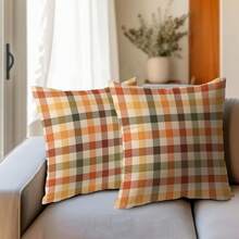 2pcs Autumn Plaid Pillow Covers, Vintage Orange Yellow Buffalo Check Cushion Covers, Linen Texture Farmhouse Harvest Decor Pillow Covers, Suitable For Sofa And Bedroom Home Decor, Pillow Insert Not Included - Orange - View 6