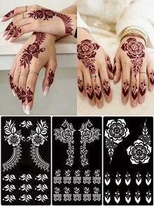 3er/Set Hana handgezeichnete Cut Out Tattoo-Schablonen, Blumenmuster Nagelkunst Tattoo - sexy Blumenmuster, geeignet für Hände, DIY Malen, Tinte, wiederverwendbare Mehndi Design Vorlagen Aufkleber - Schwarz - Übersicht 1