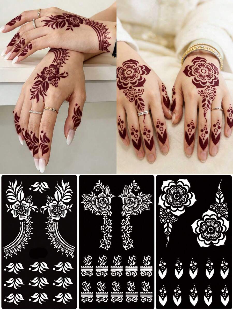 3er/Set Hana handgezeichnete Cut Out Tattoo-Schablonen, Blumenmuster Nagelkunst Tattoo - sexy Blumenmuster, geeignet für Hände, DIY Malen, Tinte, wiederverwendbare Mehndi Design Vorlagen Aufkleber - Schwarz - Übersicht 1