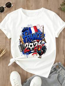 Camiseta Francia 2026 Copa  de Fútbol París Diseño de Torre Eiffel, Gallo y Bandera Para Eventos Deportivos y Uso Casual Blusas Para Dama Casuales - Blanco - Ver 2